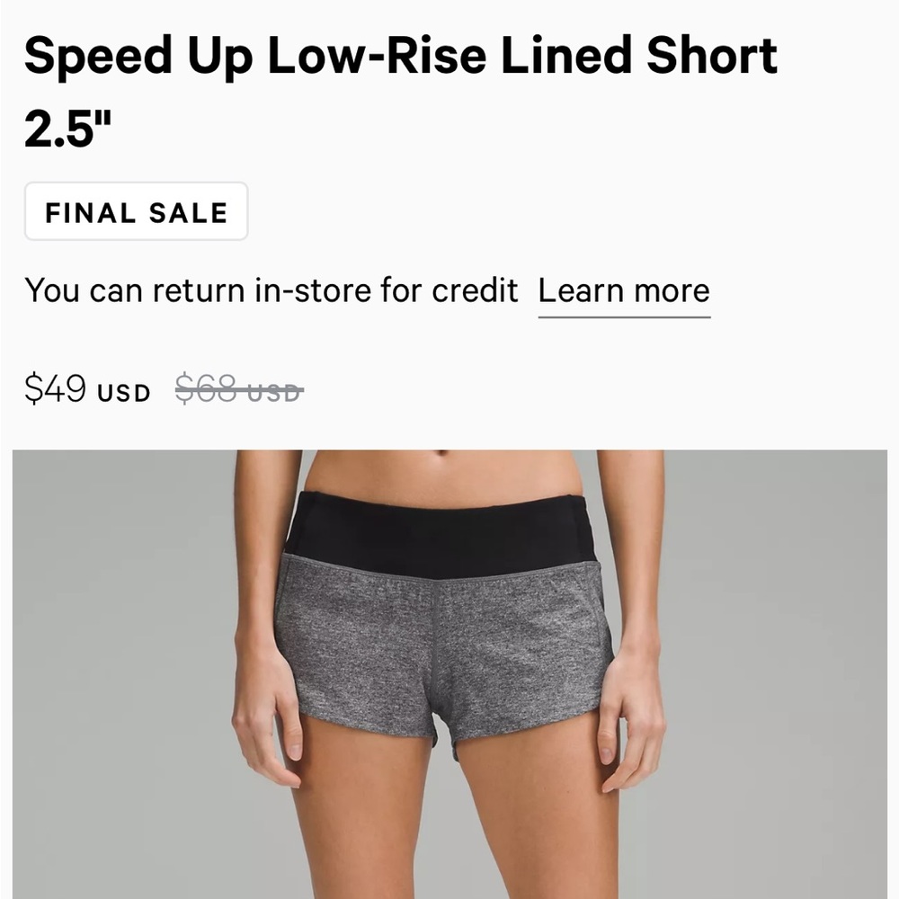 Lululemon size 4 speed up low rise 2.5 shorts heather lux multi black/black